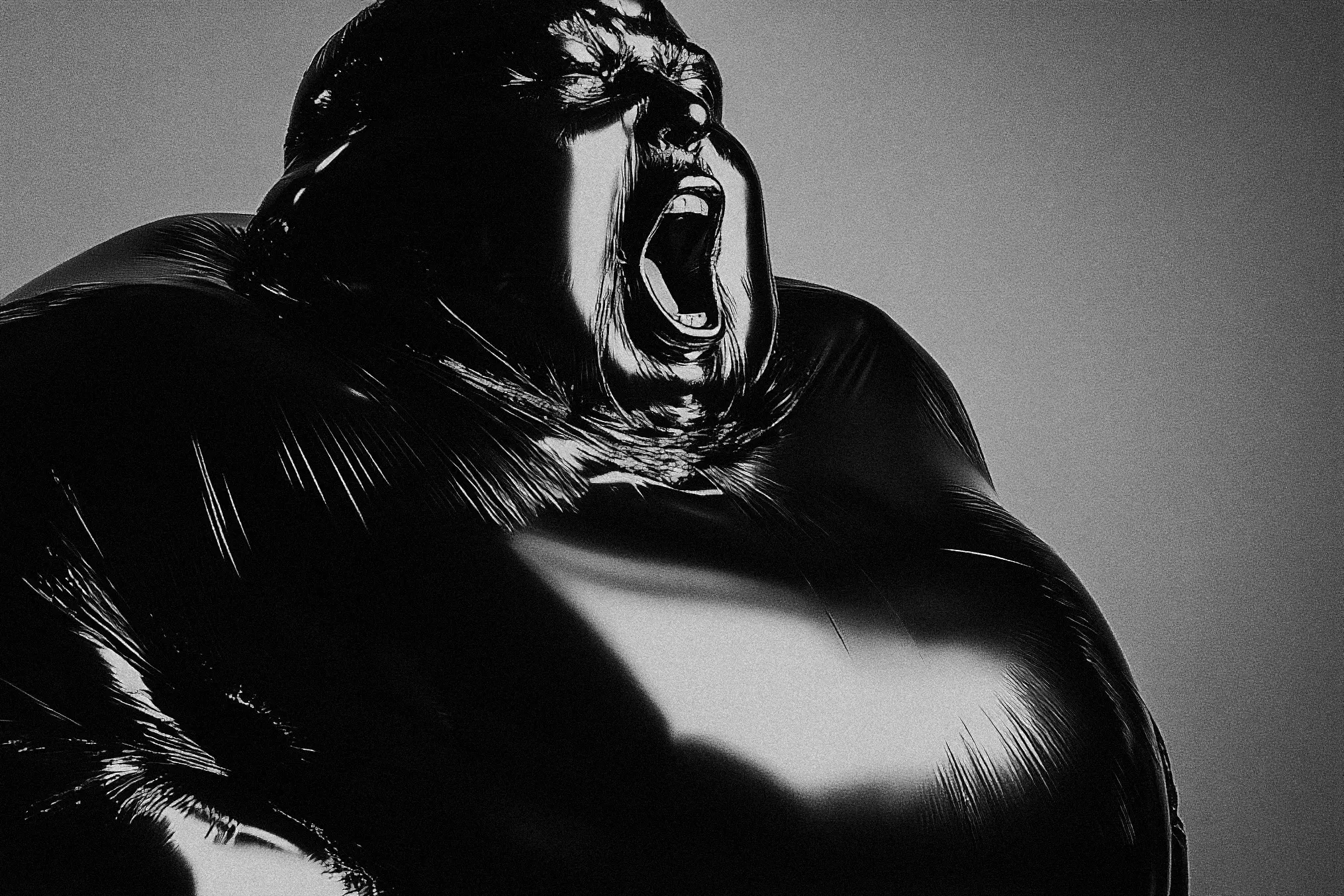 A dramatic black-and-white depiction of Mr. Crank, a surreal figure encased in a glossy, reflective material, screaming with an expressive open mouth.