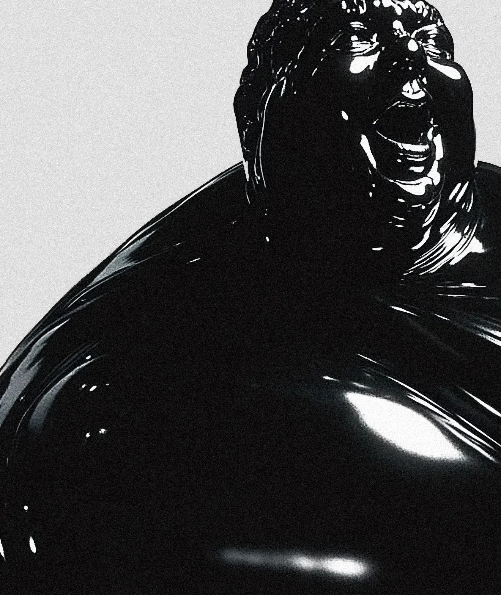 A side view of Mr. Crank, showcasing his larger-than-life form, with smooth, liquid-like surfaces and intricate glossy reflections.