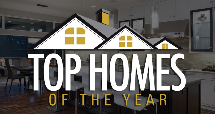 Top Homes of the Year graphic from Kansas City Homes and Style, set over a photograph of a modern kitchen and dining area