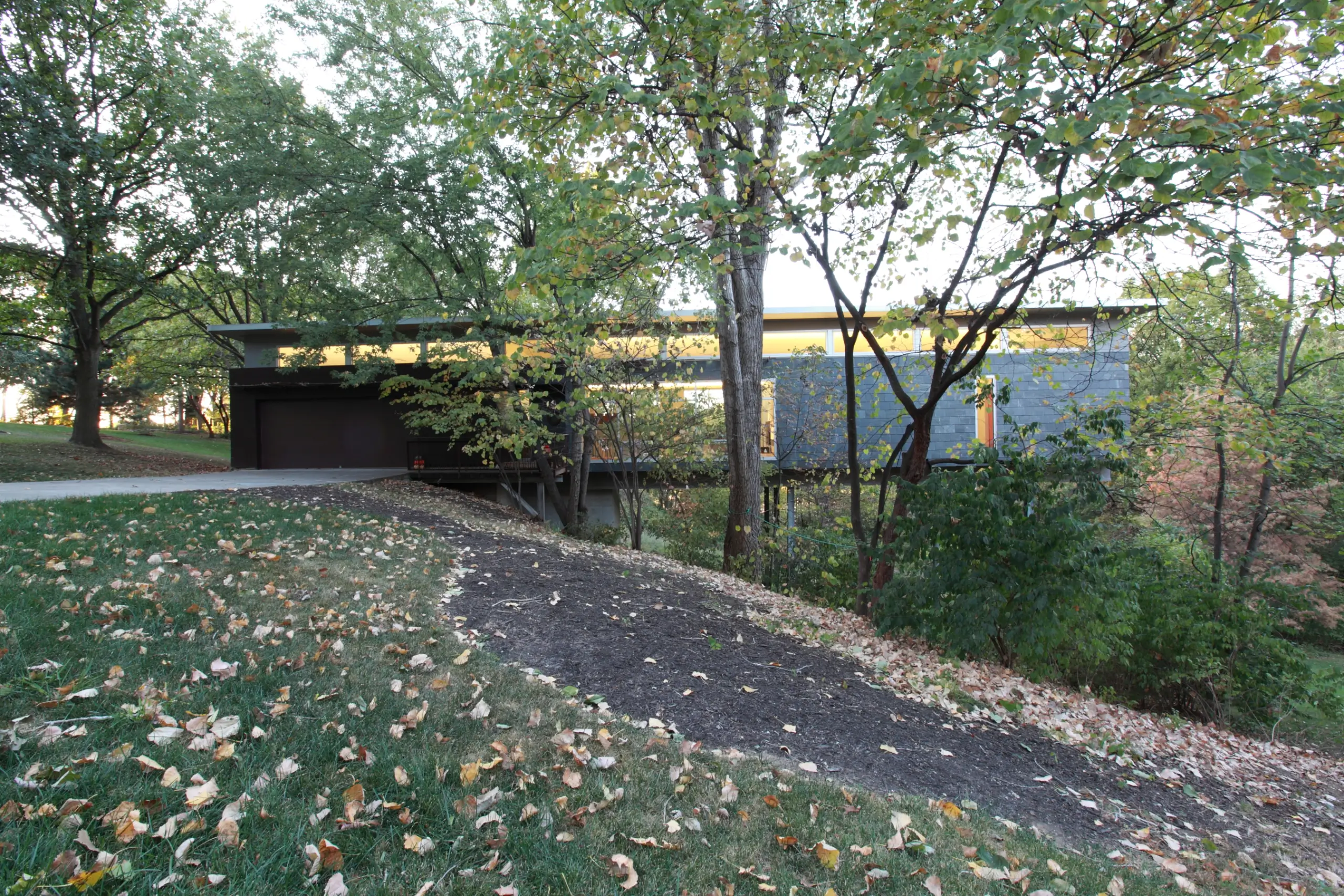 Low, flat-roofed house set into a wooded hillside in Old Briarcliff, seen across a leaf-covered lawn
