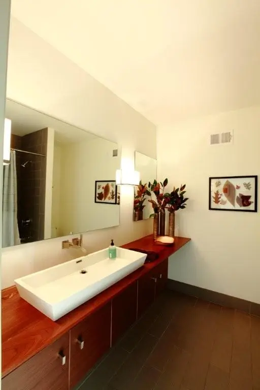 Bathroom with a white trough sink on a red wood vanity, a wide mirror and framed leaf prints