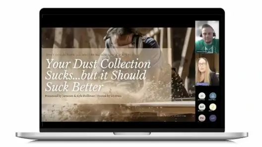 A laptop with a webinar on dust collection 101.
