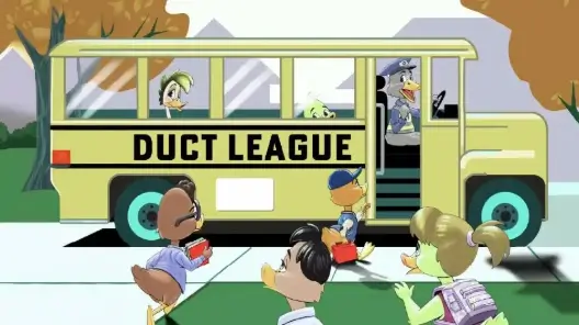 A yellow Duct League school bus picking up ducklings.