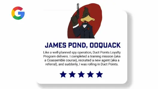 A google review from James Pond, a duck.