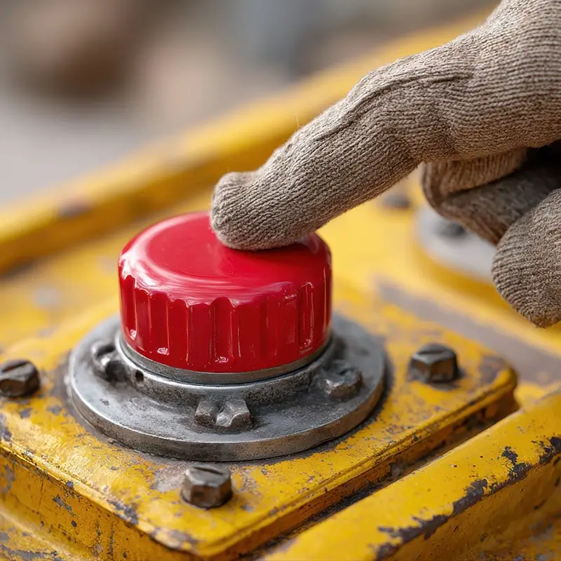 Gloved hand pressing the shut down button in a factory.