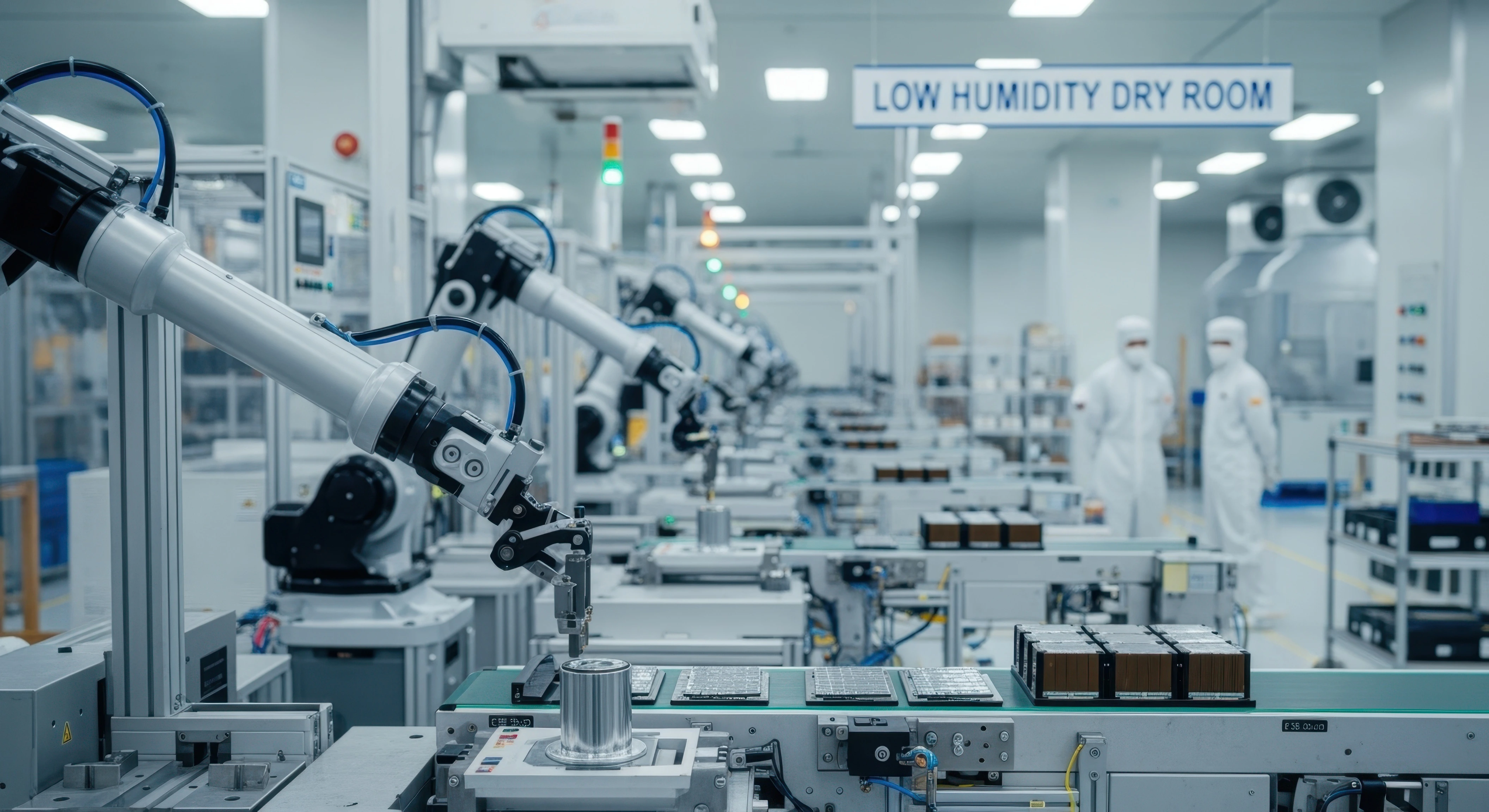 Robots making batteries in a low humidity dry room in a battery manufacturing facility. 