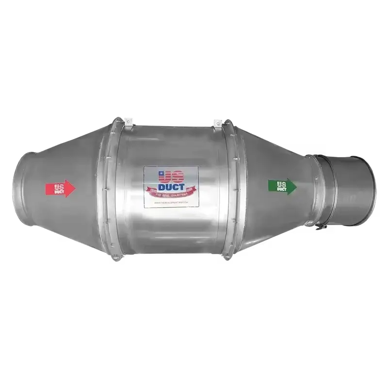 Patented spark trap (or spark arrestor) for spark mitigation in collection systems. Featuring a cylindrical body with tapered ends and directional airflow arrows.