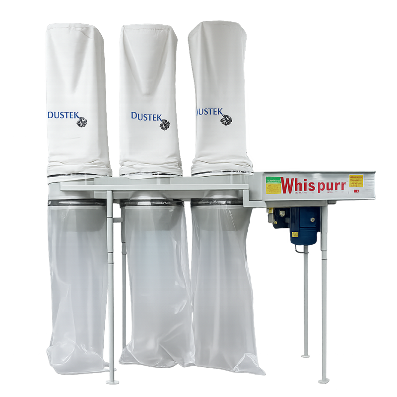 Industrial dust collector with three white fabric filter bags labeled DUSTEK and three clear plastic collection bags below, with a motor unit labeled Whispurr on the right side.