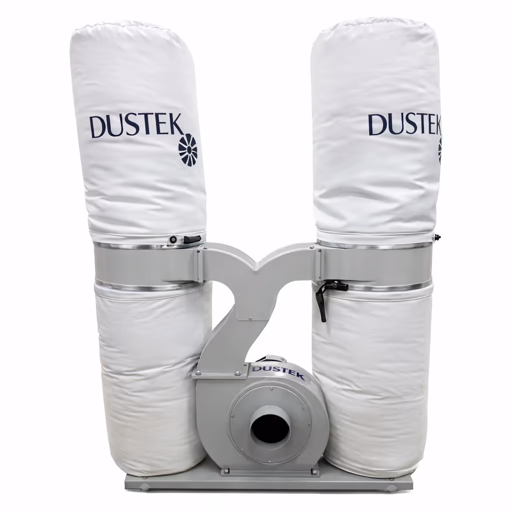 Dustek Dusty JR-31 dust collection system with two white dust bags attached to a gray metal base and blower.