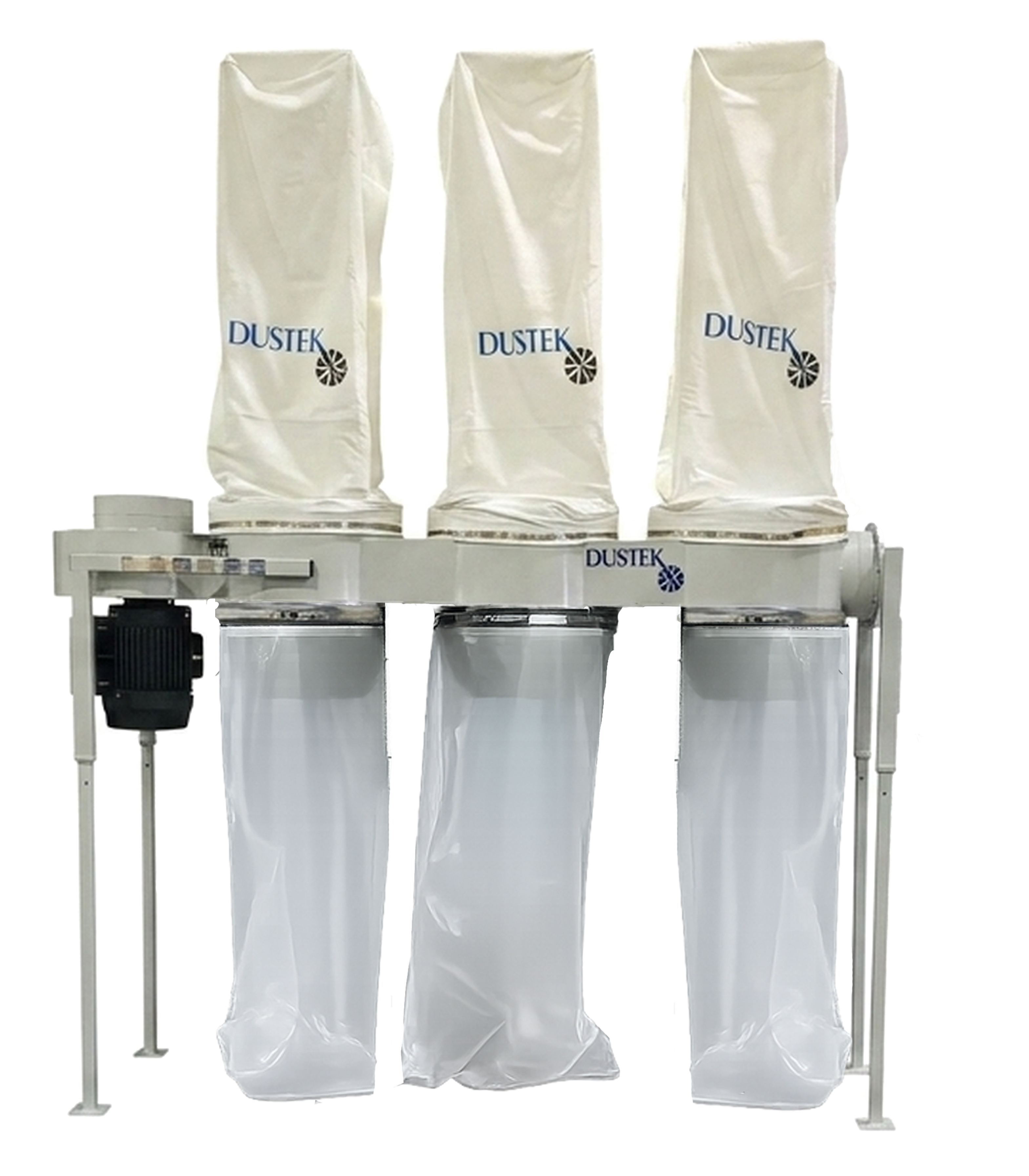Dustek C3000 dust collection system with three white fabric filter bags labeled DUSTEK and matching dust collection bags below.