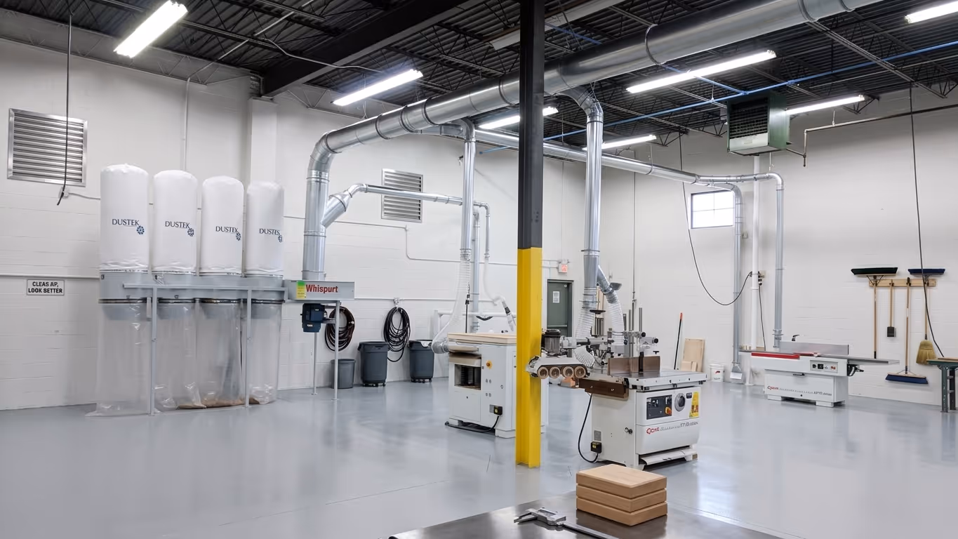Clean, well-lit industrial workshop with large dust collection system, woodworking machines, and stacked wood pieces on the floor.