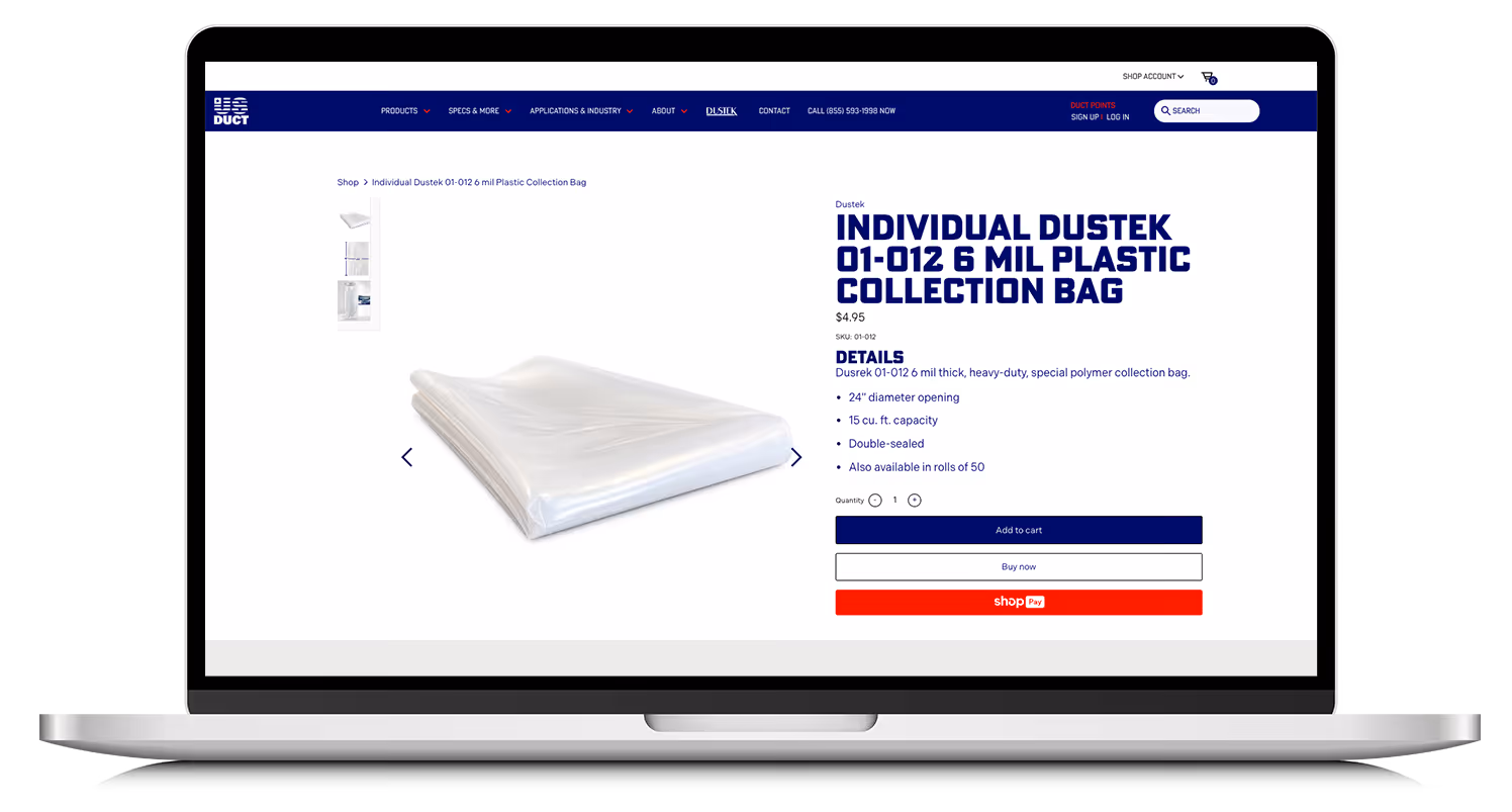 Laptop screen showing an online product page for Individual Dustek 6 mil Plastic Collection Bag with product image, price, and details.