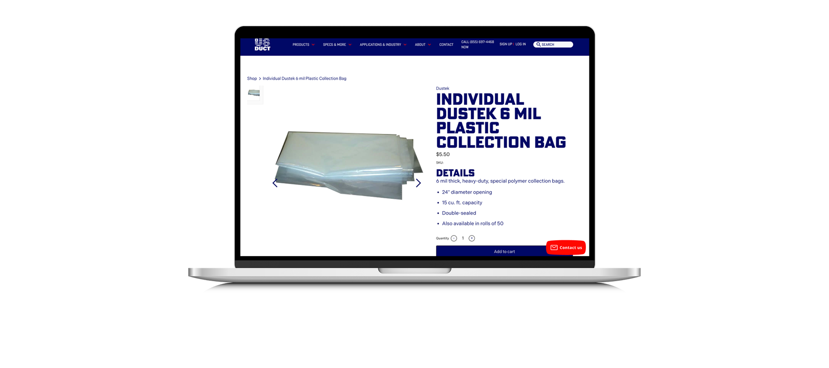 Laptop screen showing an online product page for Individual Dustek 6 mil Plastic Collection Bag with product image, price, and details.