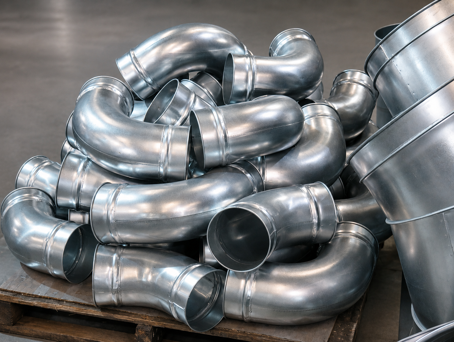 Pile of shiny metal elbow duct pipes on a wooden pallet in an industrial setting.