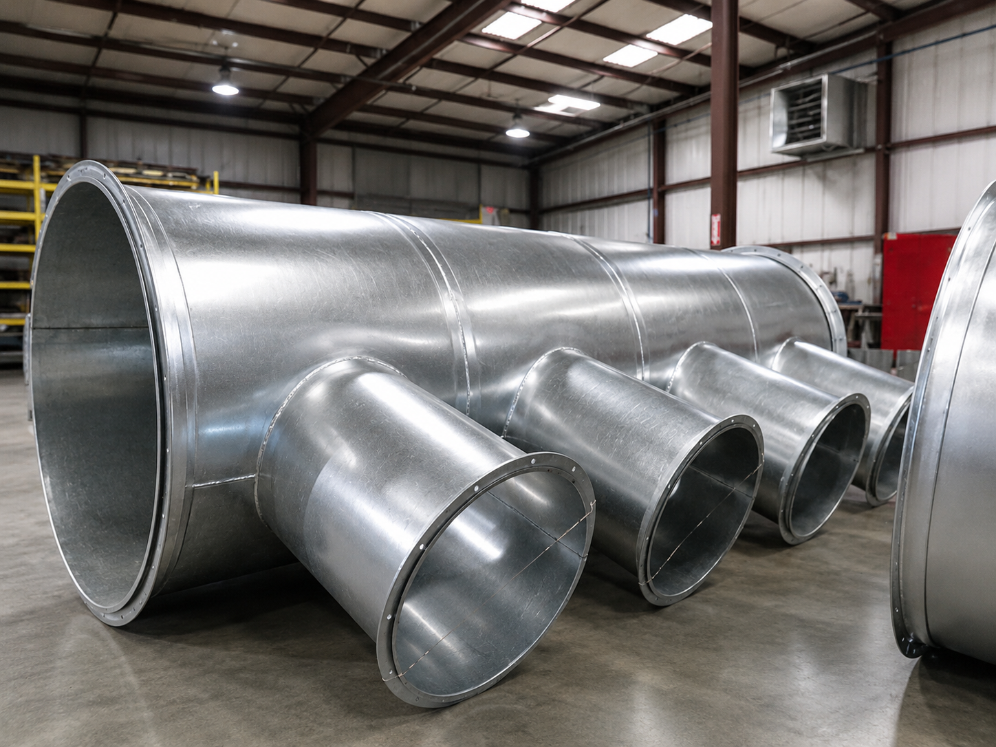 Large galvanized steel HVAC duct manifold with multiple round outlets in a warehouse.