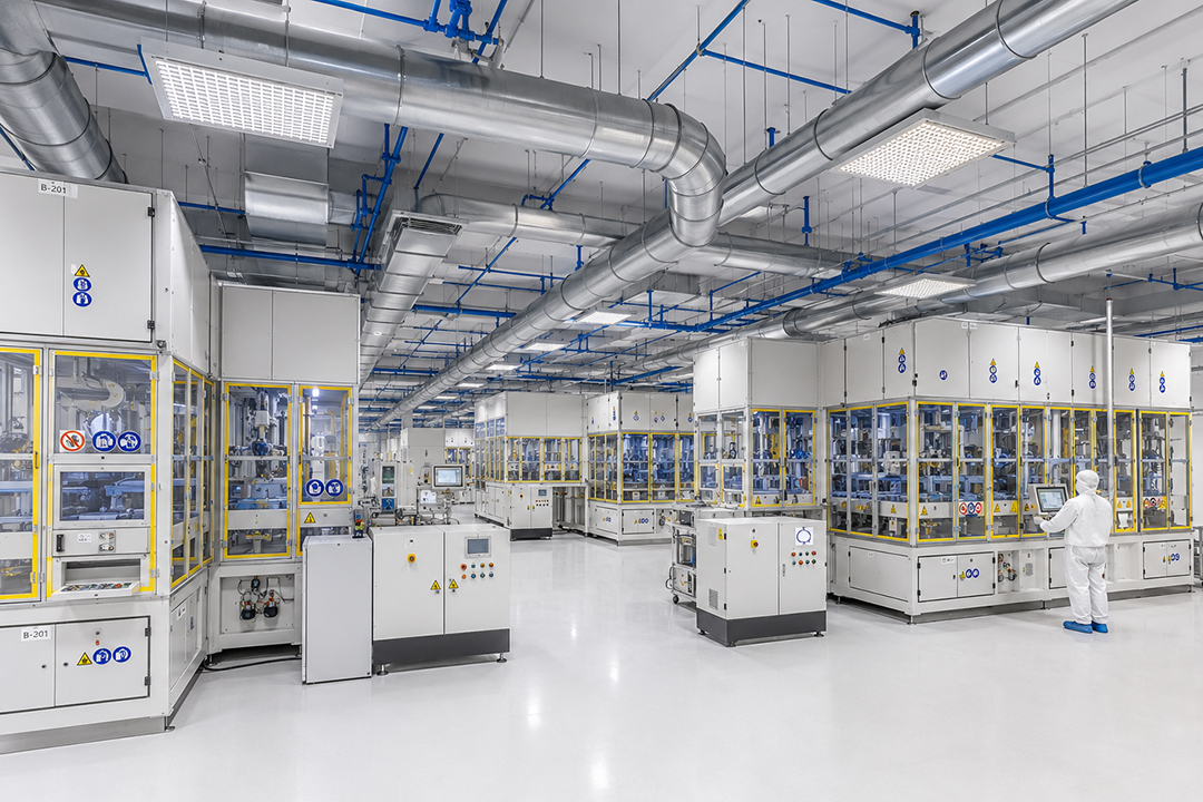 Clean, modern industrial facility with machines and a worker in white protective gear operating equipment.