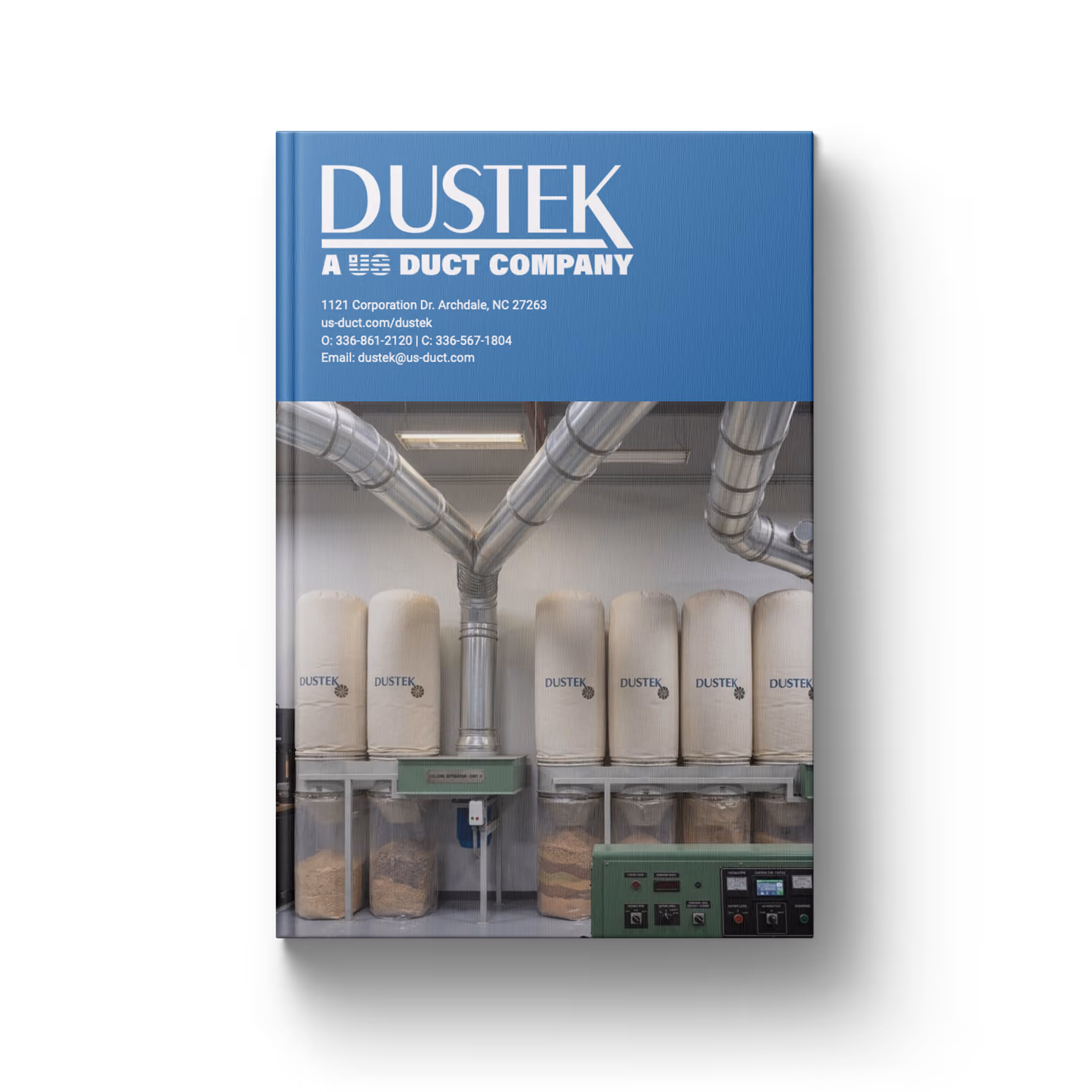 Book cover showing industrial duct system with dust collectors and control panel under blue header.