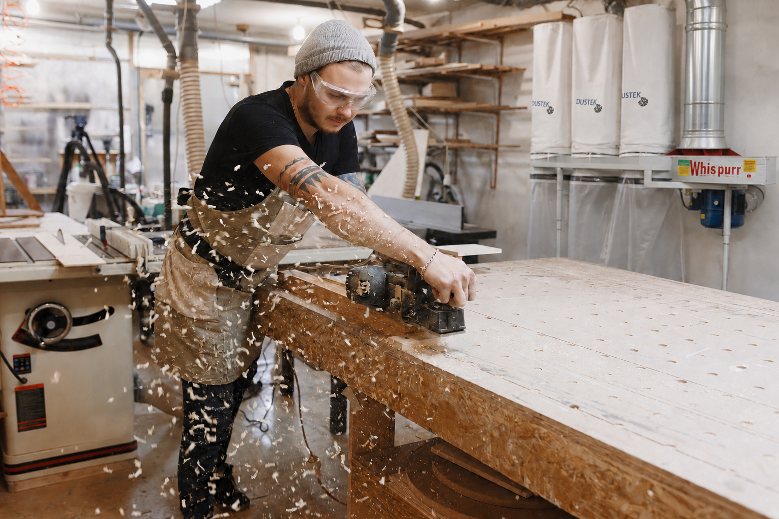 Man wearing goggles and hat using a power planer on wood in a woodworking workshop.