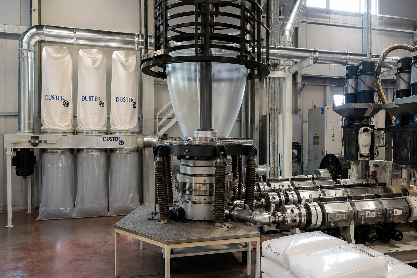 Industrial plastic processing machinery with Dustek branded filtration bags and metal piping in a factory.