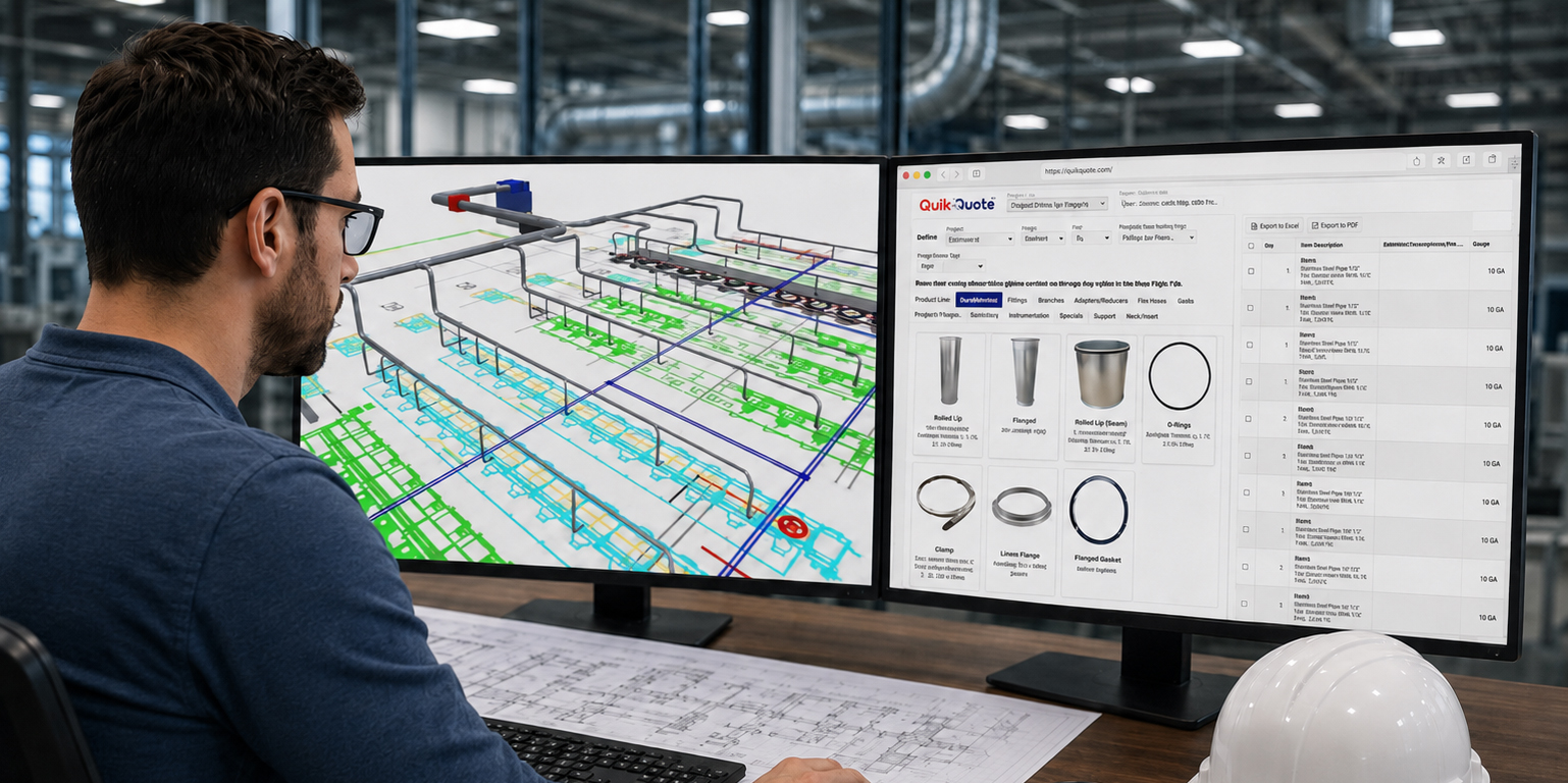 Engineer using dual monitors to view 3D piping design and Quik-Quote product details in an industrial setting.