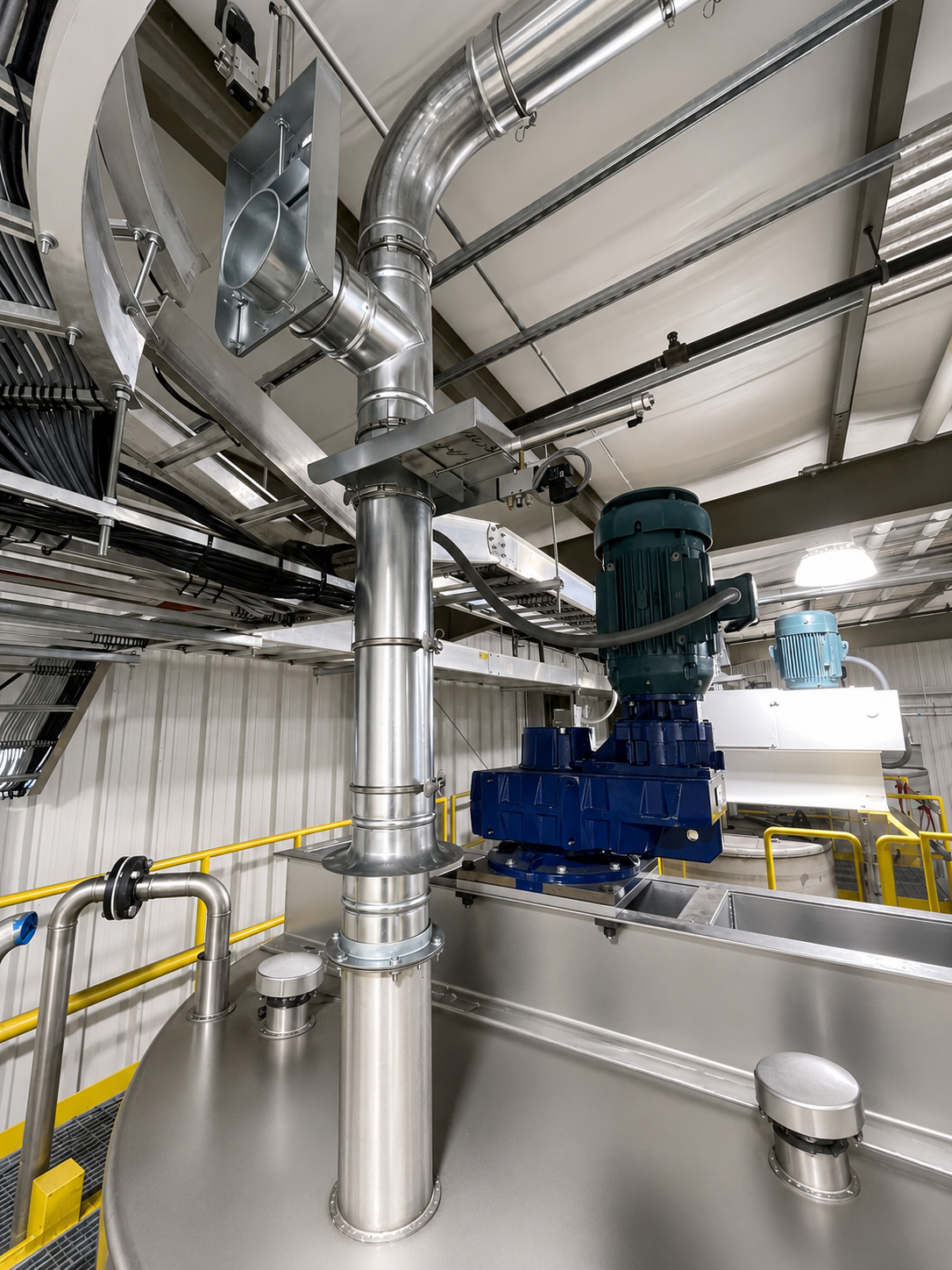 Modern chemical manufacturing machinery with stainless steel pipes and electric motors inside a factory.
