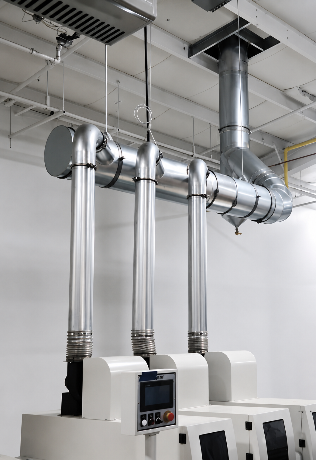 Three silver ventilation ducts connected to industrial machines below a white ceiling.