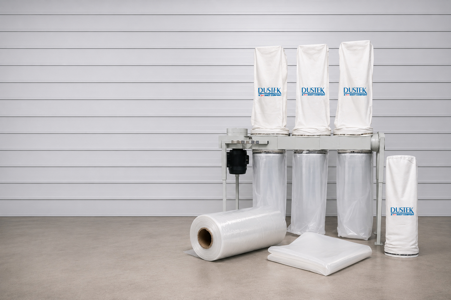 Industrial dust collection system with four white fabric filter bags and clear plastic collection bags.