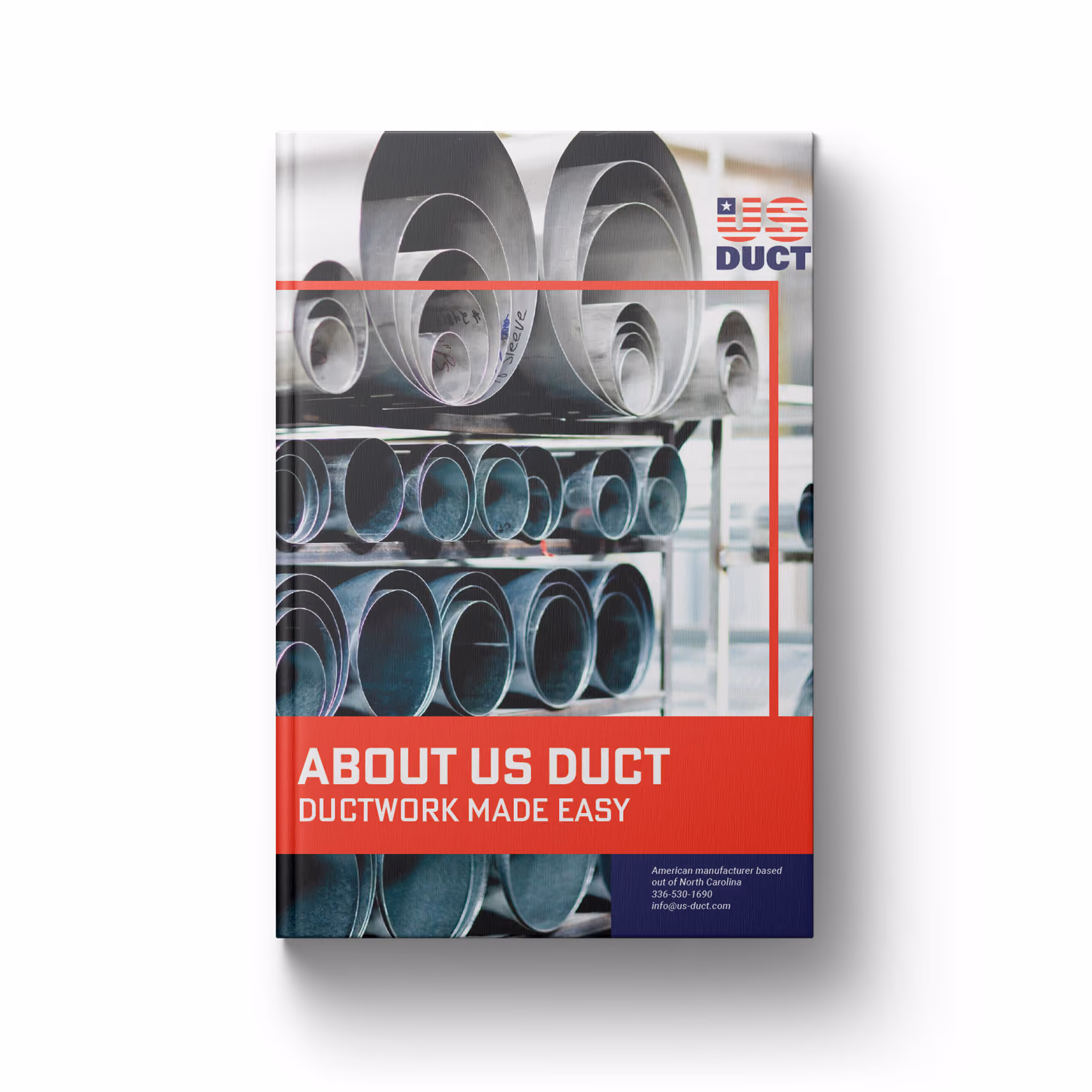 Book cover titled 'About US Duct Ductwork Made Easy' with stacked metal duct pipes in background.