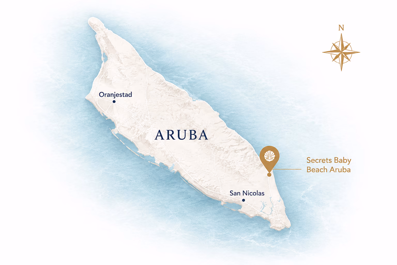 Map of Aruba showing Oranjestad, San Nicolas, and Secrets Baby Beach Aruba location with a compass rose.