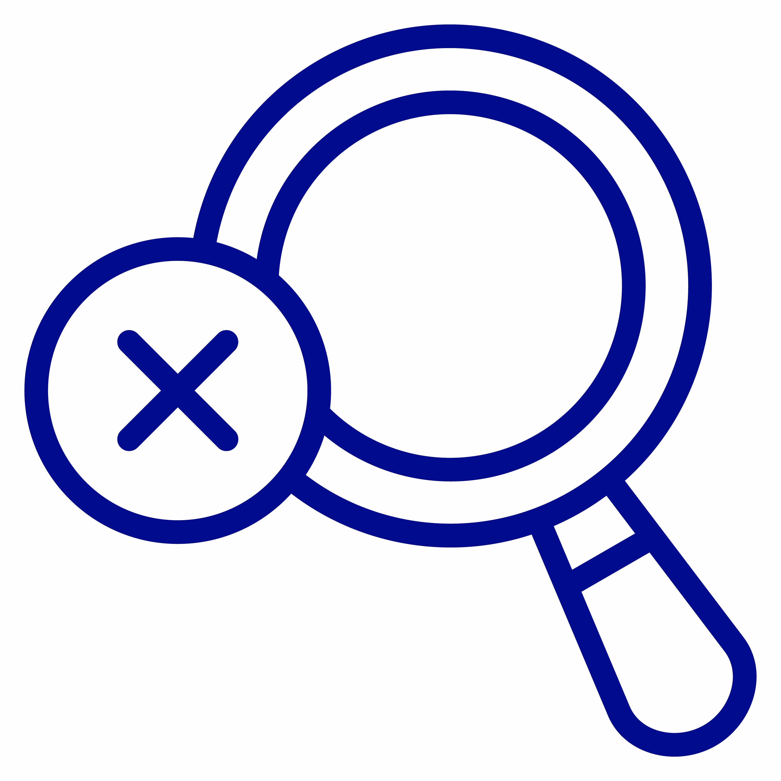 Blue magnifying glass icon with a circle and an X symbol indicating no results or search failure.