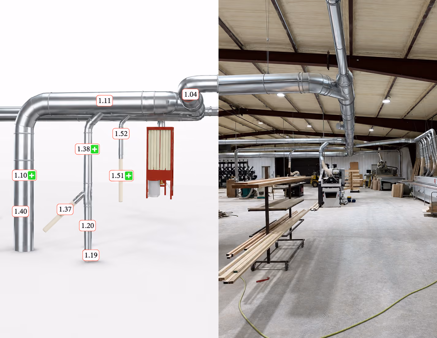 Side-by-side of labeled metal duct system diagram and industrial workshop with ducting and wood materials.