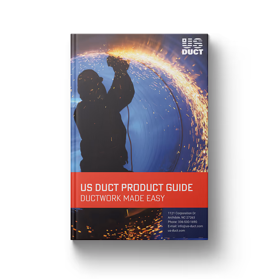 Cover of US Duct product guide showing a worker using a tool creating sparks inside ductwork.