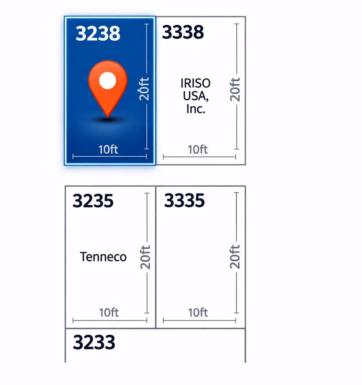 Layout of industrial spaces with dimensions, showing four areas defined by numbers: 3238 (highlighted in blue with a red map marker icon), 3338 labeled IRISO USA, Inc., 3235 labeled Tenneco, and 3335 labeled Nordfab LLC. Each space measures 10 feet wide by 20 feet deep.
