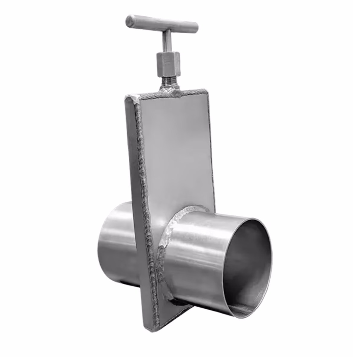 Metal pipe clamp with a T-shaped handle and a rectangular welded plate connecting two cylindrical pipes.