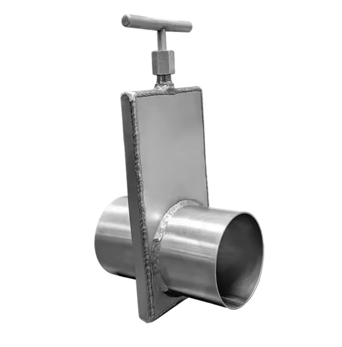 Metal pipe clamp with a T-shaped handle and a rectangular welded plate connecting two cylindrical pipes.