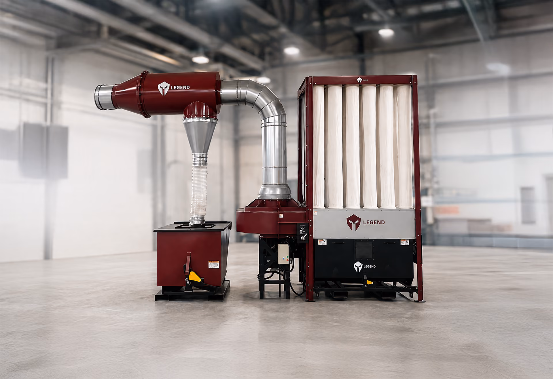 Legend industrial dust collection system with ductwork, cyclone separator, and filter unit in a manufacturing facility.