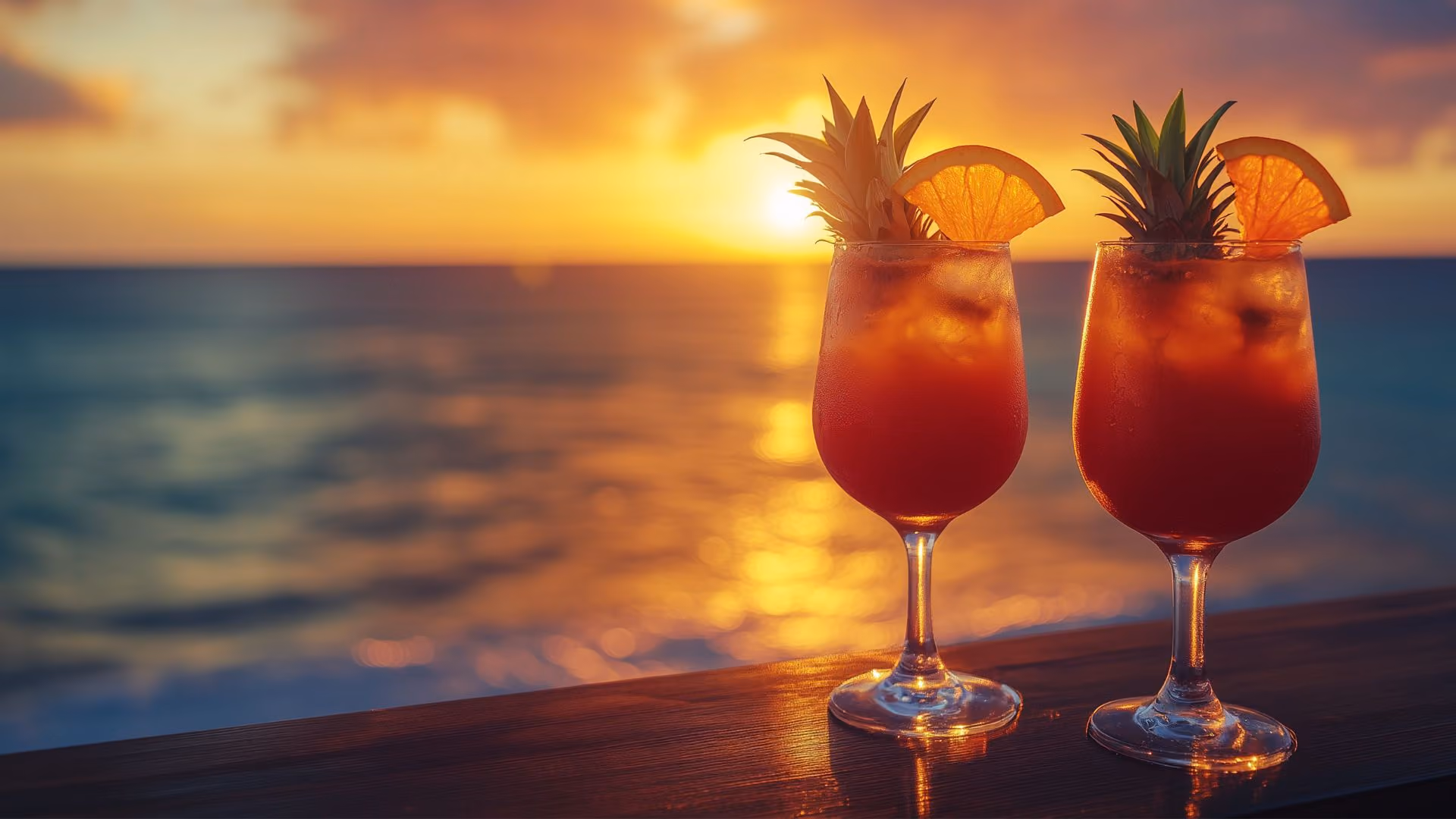 Two tropical cocktails garnished with pineapple leaves and orange slices on a wooden surface with an ocean sunset in the background.