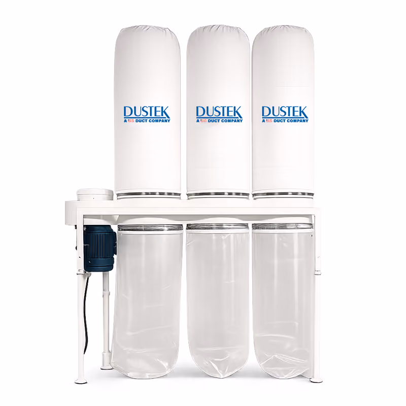 Industrial dust collection machine with three large cylindrical white fabric filters on top labeled 'DUSTEK A B S DUCT COMPANY' and three transparent plastic collection bags underneath, supported by a white metal frame with a visible blue motor on the left side.