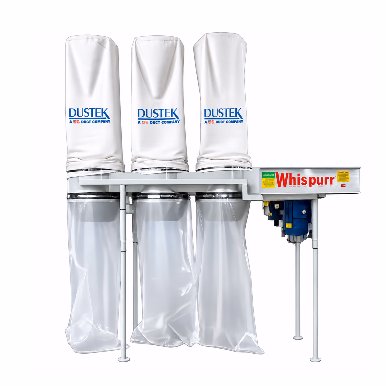 Dust collection system with three white fabric filter bags labeled 'DUSTEK' on top and three clear plastic collection bags below, supported by a metal frame with a blue motor on the right side labeled 'Whispurr'.