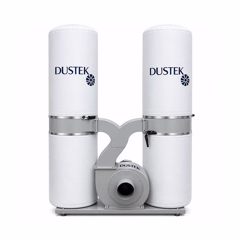 Dust collection system with two large white cylindrical filter bags mounted on a gray metal base and labeled DUSTEK in blue.