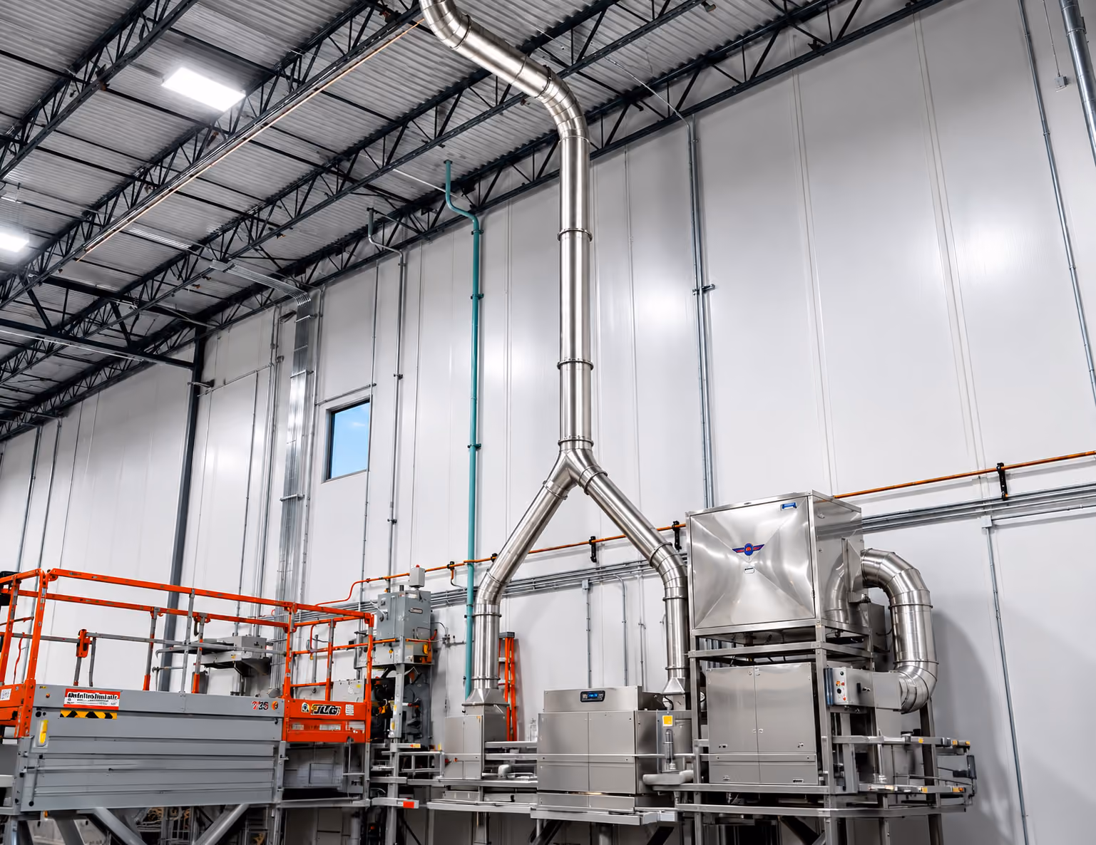 Industrial setting with large stainless steel ventilation ducts and machinery inside a warehouse with high ceilings and white walls, featuring an orange safety railing on a raised platform.