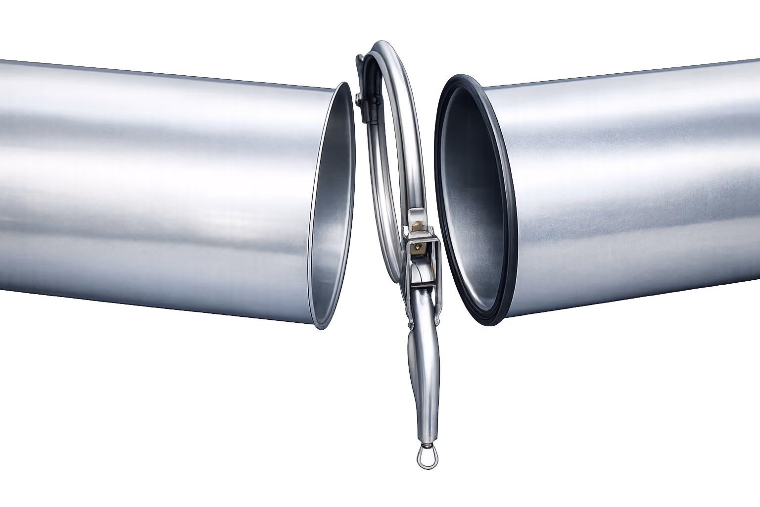 Close-up of two stainless steel tubing ends facing each other with a polished clamp mechanism and gasket in the center, used for connecting the tubes securely.