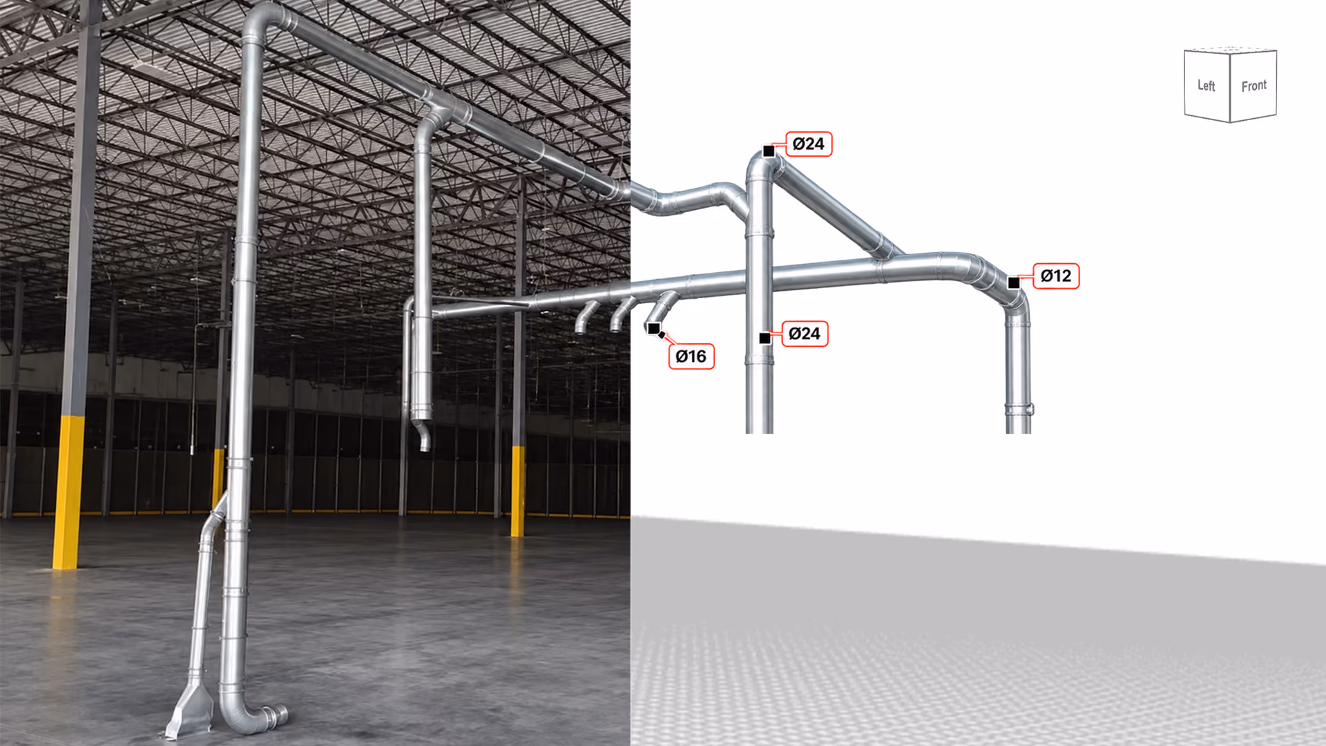 A comparison image showing industrial metal duct tubing in a warehouse on the left and a 3D schematic of the same duct tubing with diameter labels Ø24, Ø16, and Ø12 on the right.
