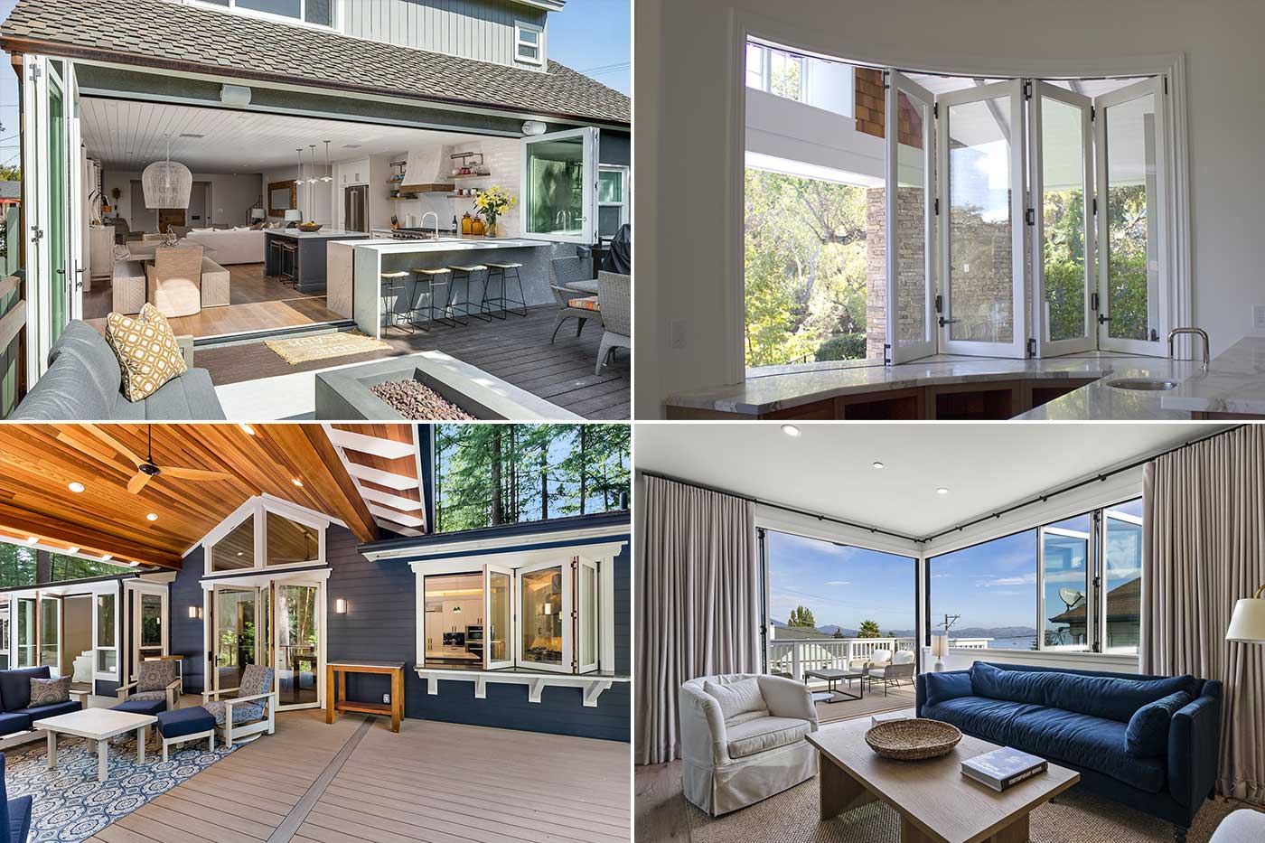 Side-by-side comparison or collage showing different passthrough window configurations and window-door combinations. Clean product photography style.