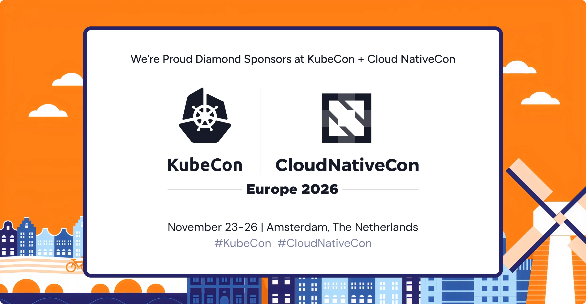 Announcement of Diamond Sponsorship for KubeCon + Cloud NativeCon Europe 2026 in Amsterdam, November 23-26, with logos and cityscape background.
