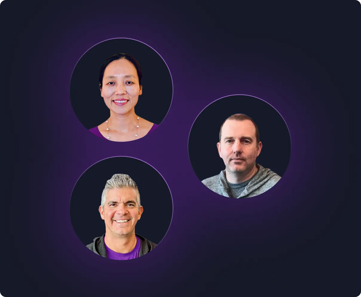Portraits of Christian Posta, Lin Sun, and Louis Ryan each shown in separate circular frames against a dark purple background.