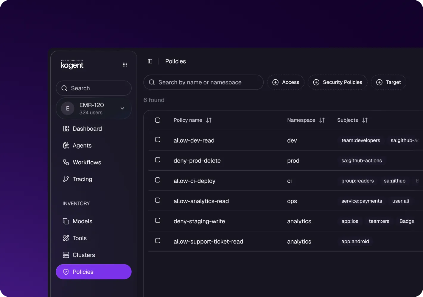 Kagent interface showing a policies dashboard with a list of six security policies, their namespaces, and subjects, alongside a sidebar menu for dashboard navigation.