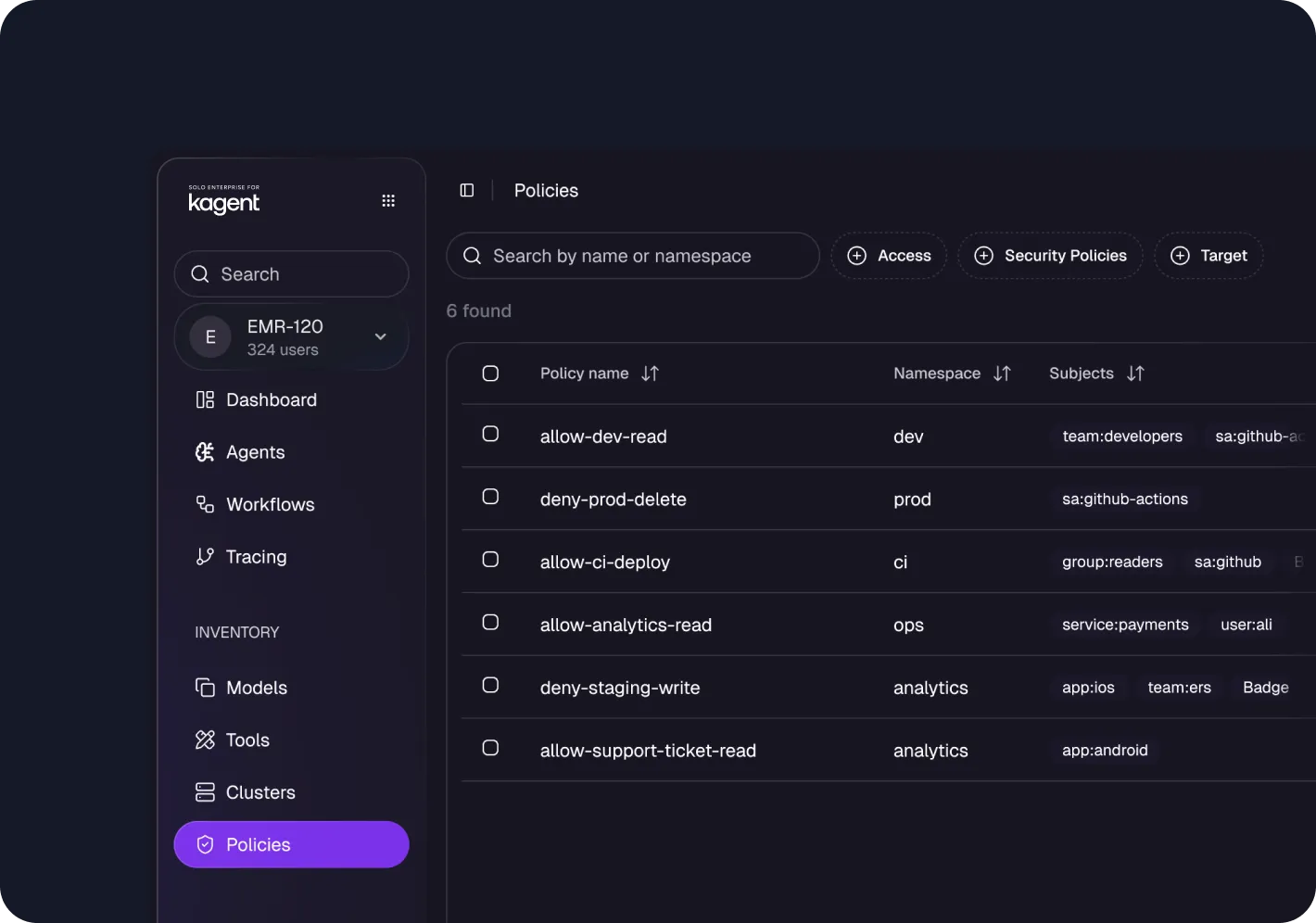 Kagent interface showing a policies dashboard with a list of six security policies, their namespaces, and subjects, alongside a sidebar menu for dashboard navigation.