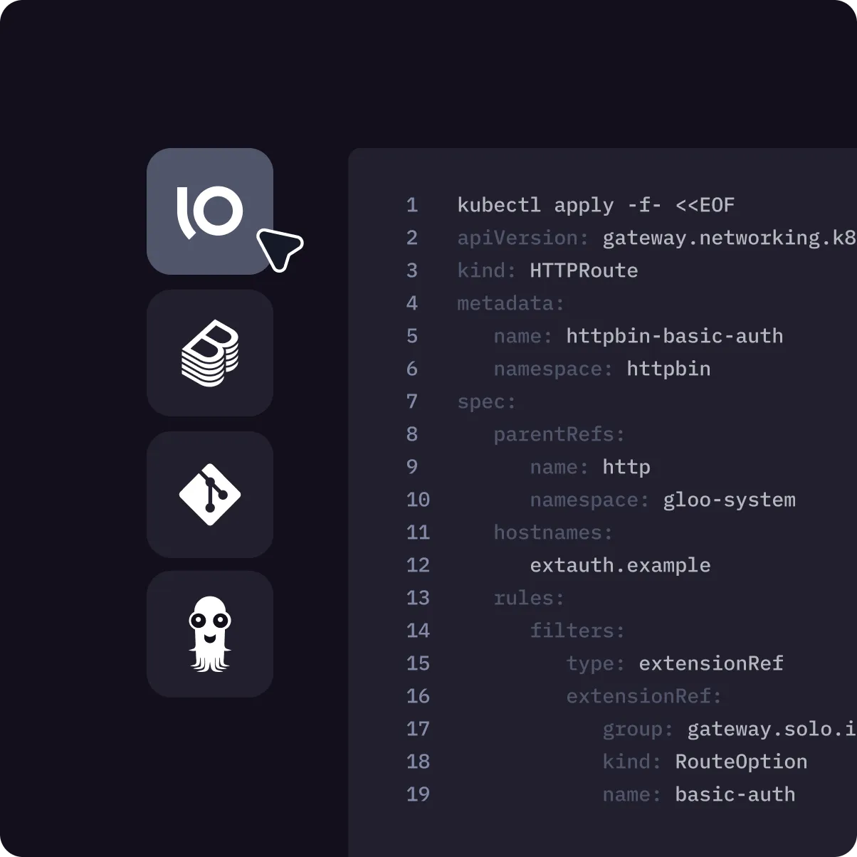 Code snippet configuring an HTTPRoute with basic auth, showing YAML Kubernetes manifest with specs.