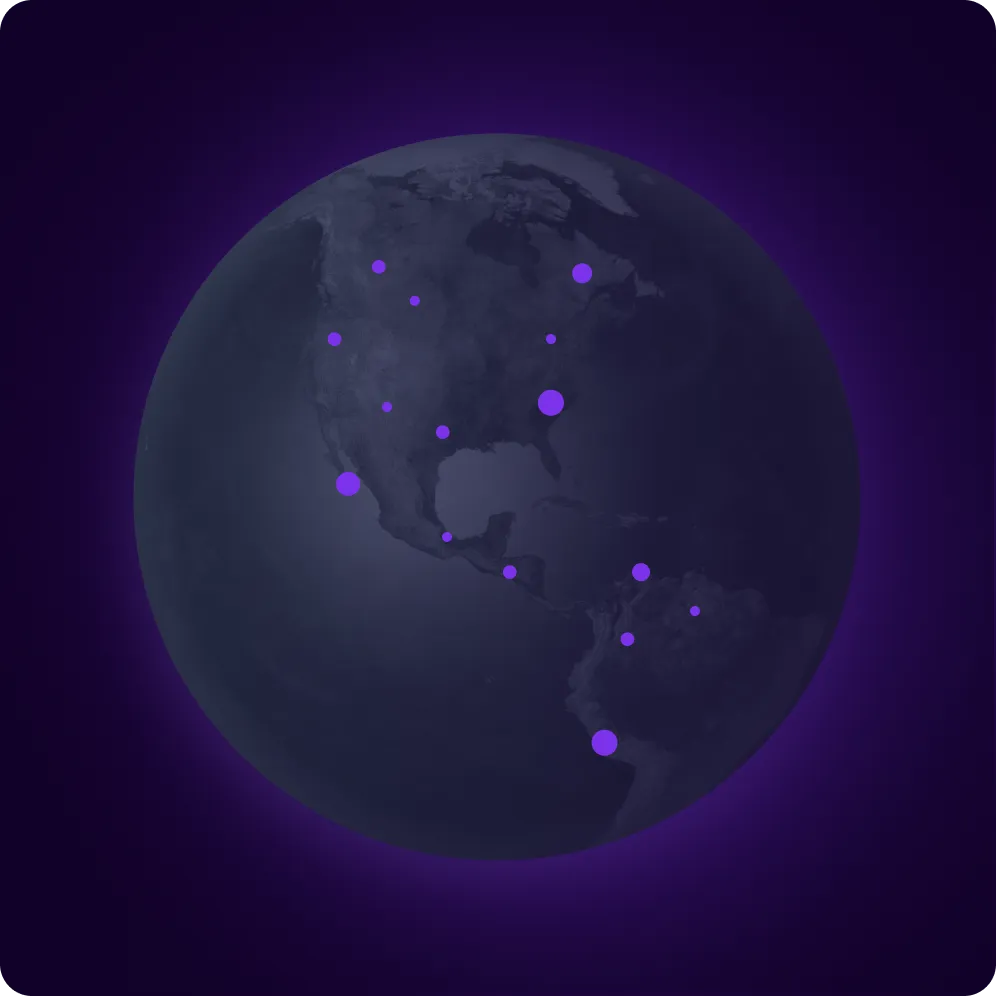 Dark globe focused on the Americas with purple dots of various sizes marking several locations across North, Central, and South America against a dark purple background with a soft glow.